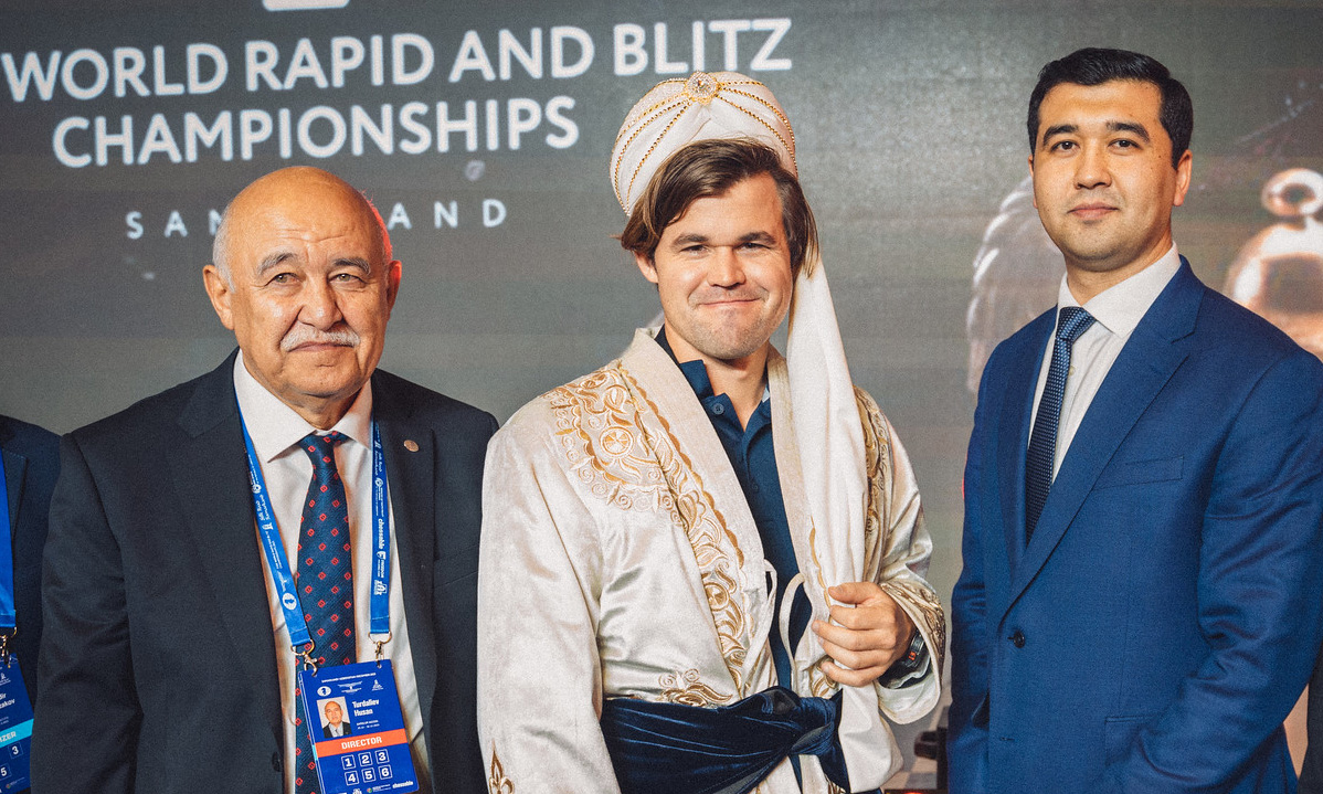 Magnus Carlsen in 2023 World rapid chess championship opening ceremony.