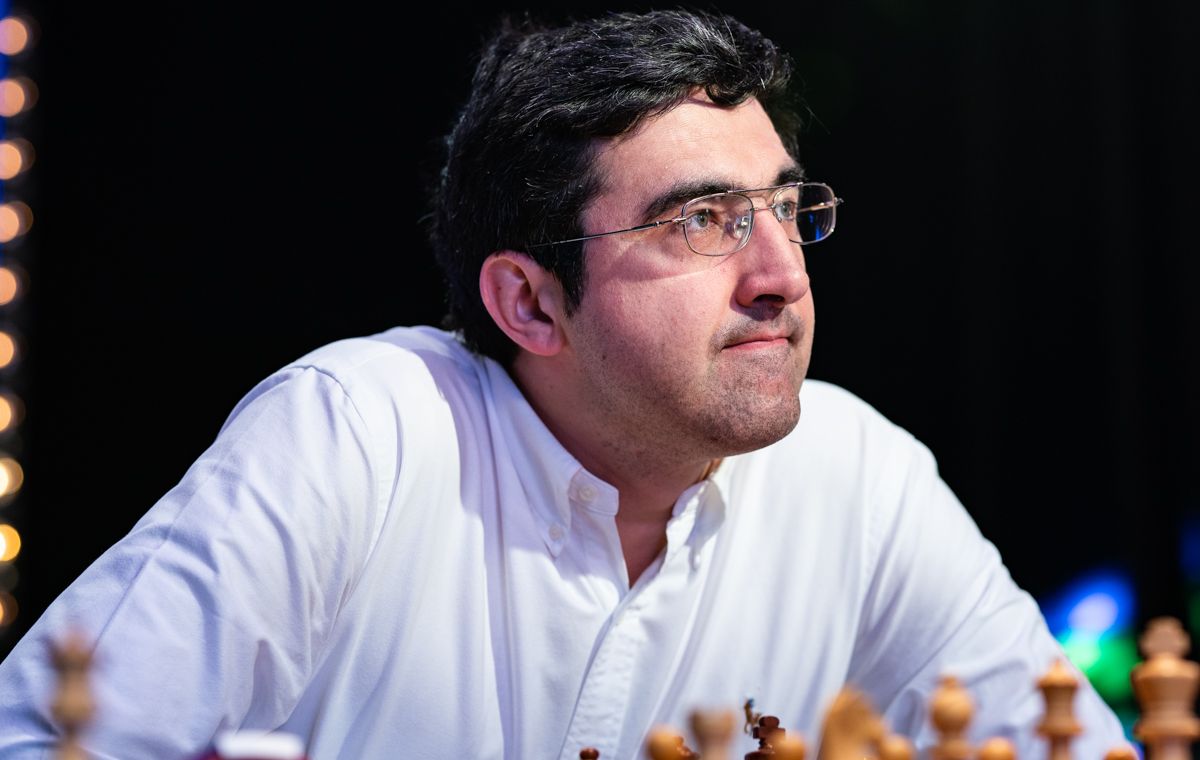 Vladimir Kramnik with a chess board.