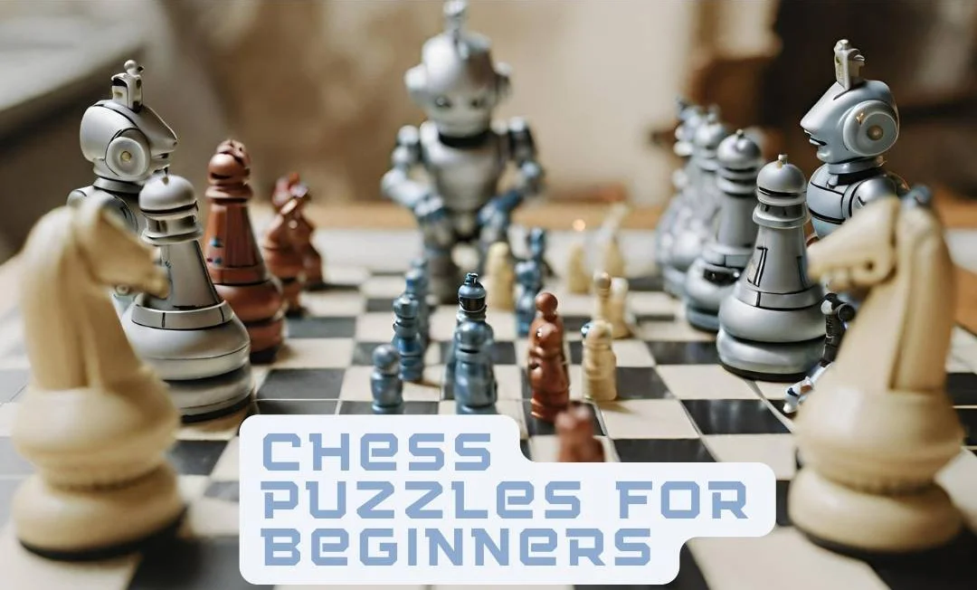 Robot plays chess with title chess puzzles for beginners