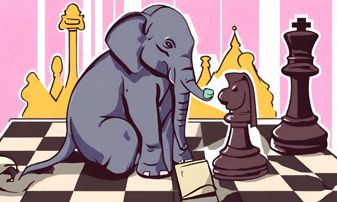 An elephant sitting on a chess board