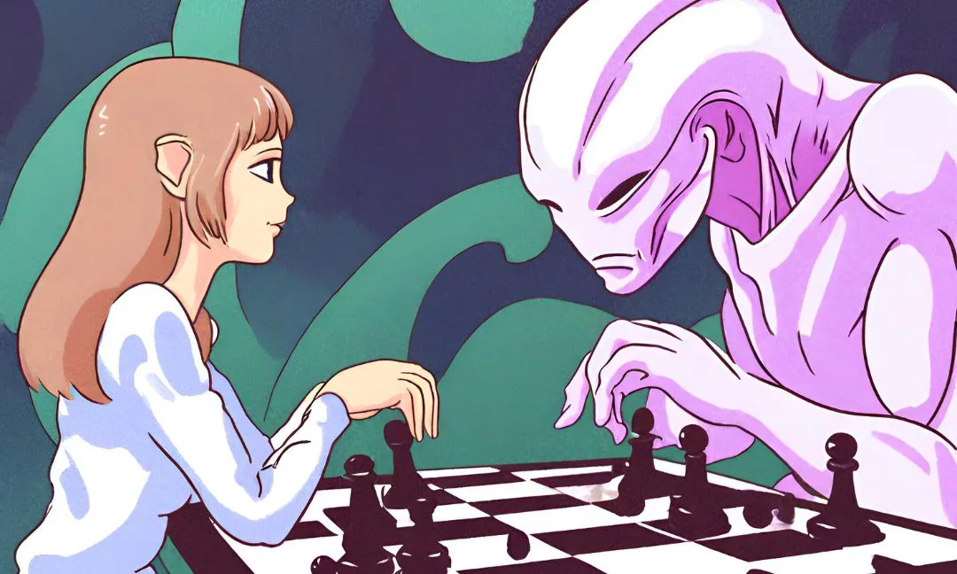 An alien playing chess with a woman in manga style.