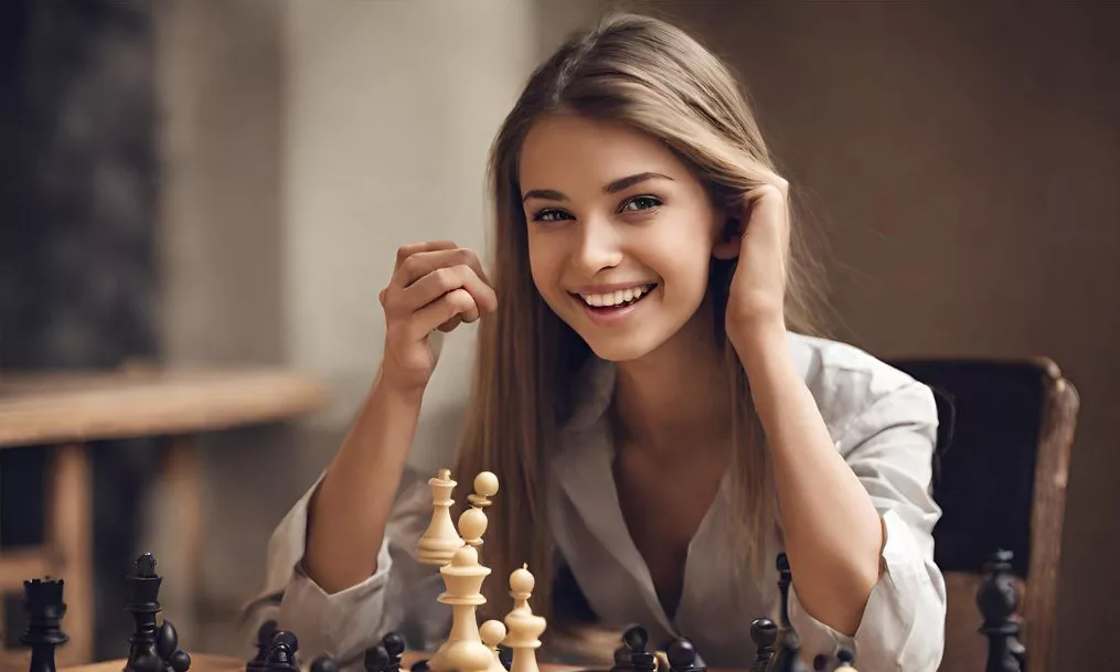 A beautiful girl playing chess, with a cunning smile on her face as she executes a clever chess trick.