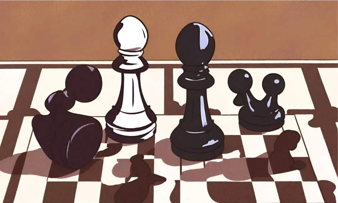 a white pawn standing next to a black pawn on a chess board