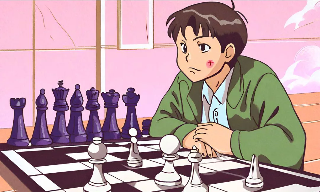 a boy beside a chess board thinking about strategies