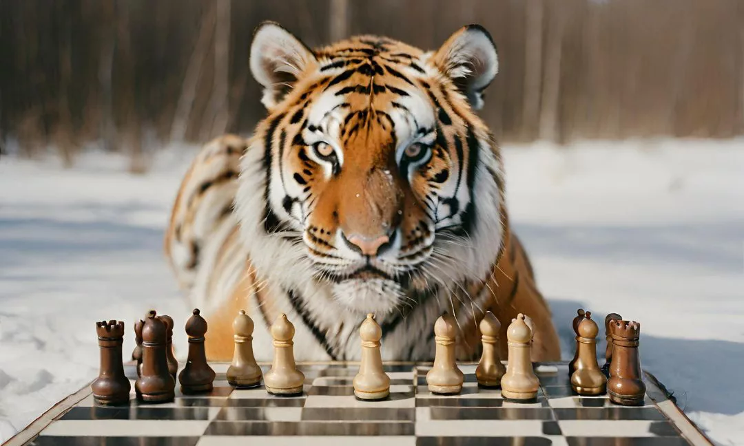A Siberian Tiger next to a chess board