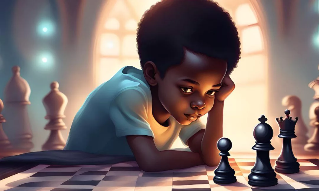 A boy beside a chess board