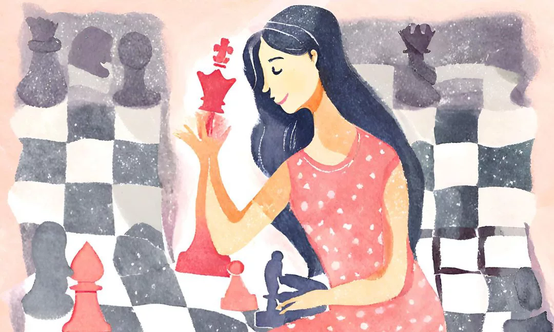 A beautiful women playing chess tricks