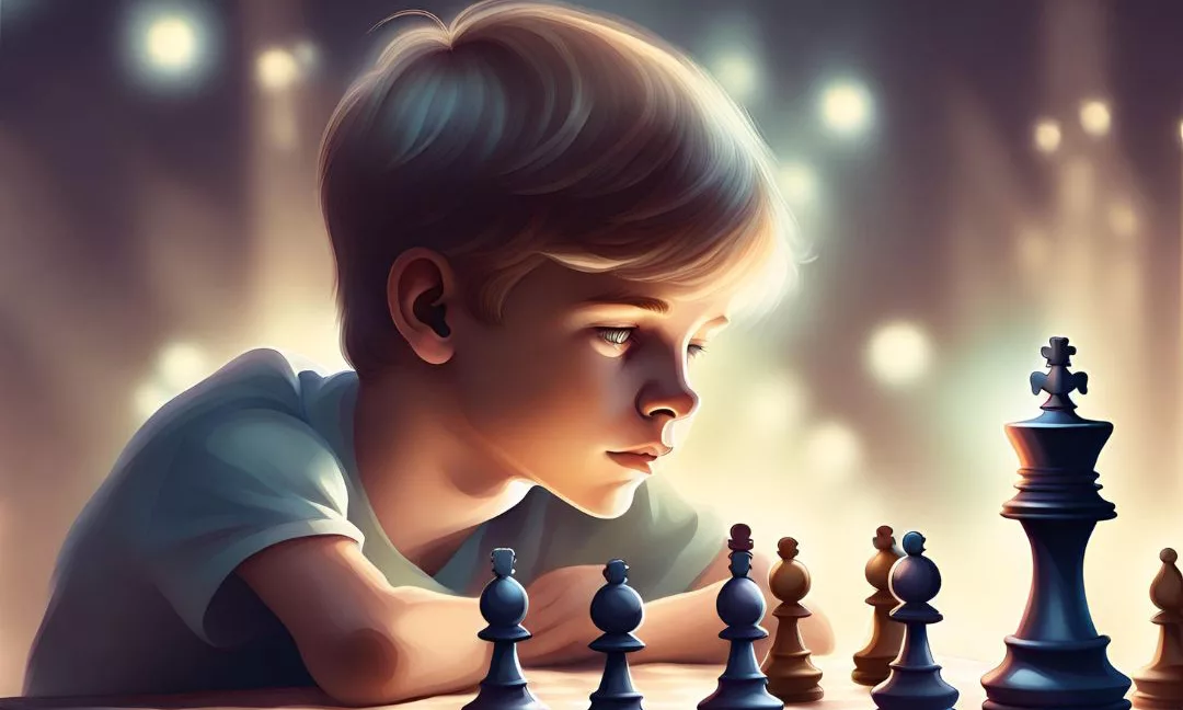 A young white boy solving chess puzzles