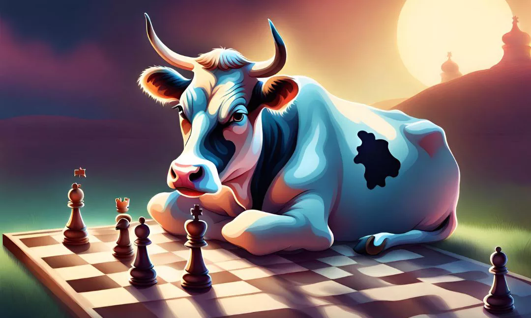 A cow beside a chess board